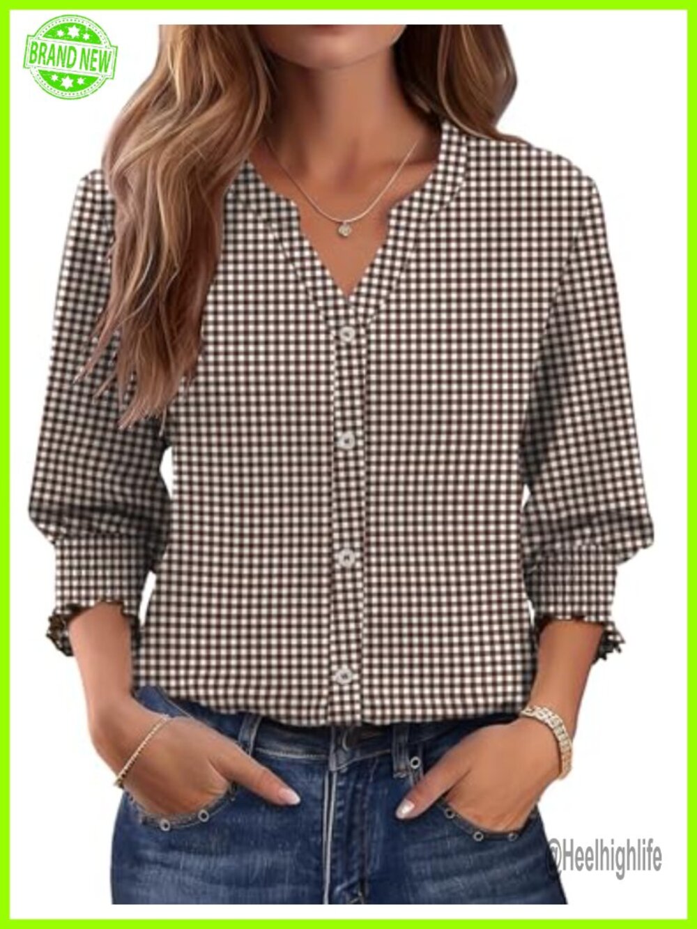 LOMON Womens 3/4 Sleeve Button Down Blouse Smocked Cuff Business Casual Top